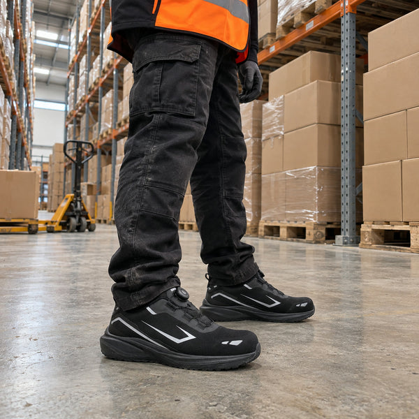 IconWorker Drift on a warehouse floor between pallet racks